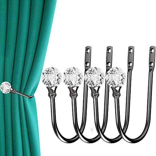 4Pcs Curtain Holdback with Clear Crystal Ball and Matt Black Metal Hooks
