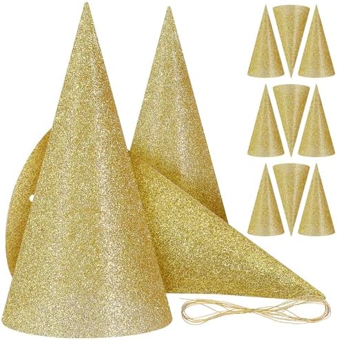 12 Pcs Cone Glitter Birthday Hats with Gold Ropes
