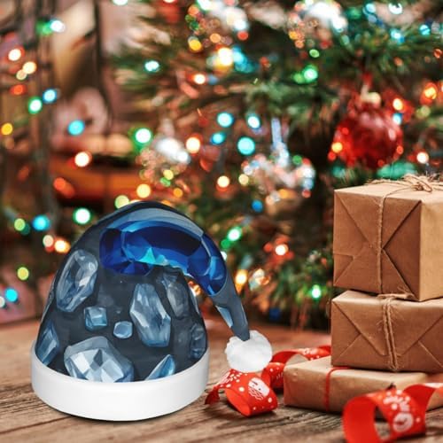QINZHENG Blue Crystal Print Santa Hat with LED Lights for Christmas Party