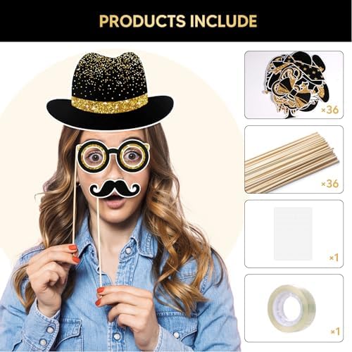 36PCS Black and Gold Photo Booth Props