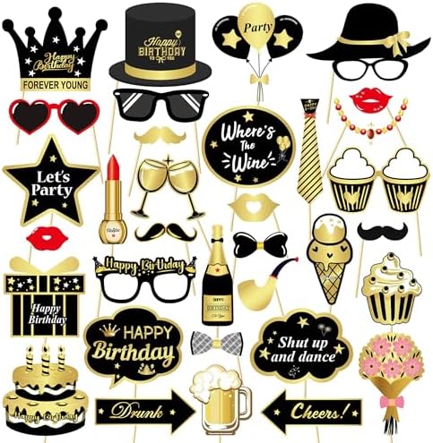 34pcs Gold and Black Birthday Photo Booth Props Kit