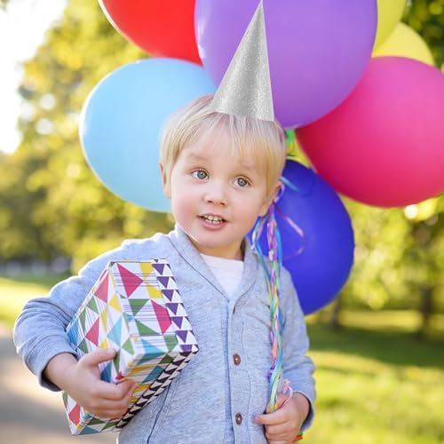 Birthday Cone Hats 12pcs Silver Party Headwear