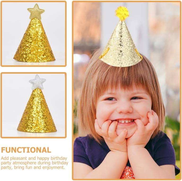 8pcs Golden Star Cone Party Hats with Glitter Ribbons