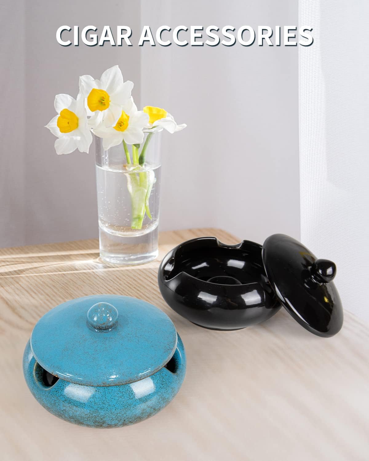 Ceramic Ashtray with Lid Windproof Cigar Holder for Home Office Outdoor