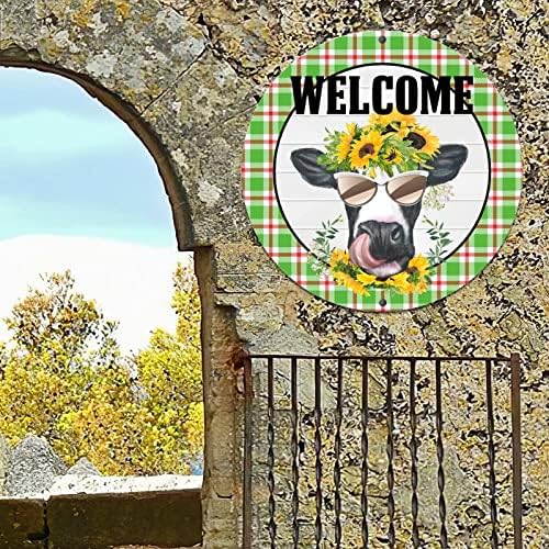 Retro Farmhouse Metal Tin Sign with Sunflowers and Cow