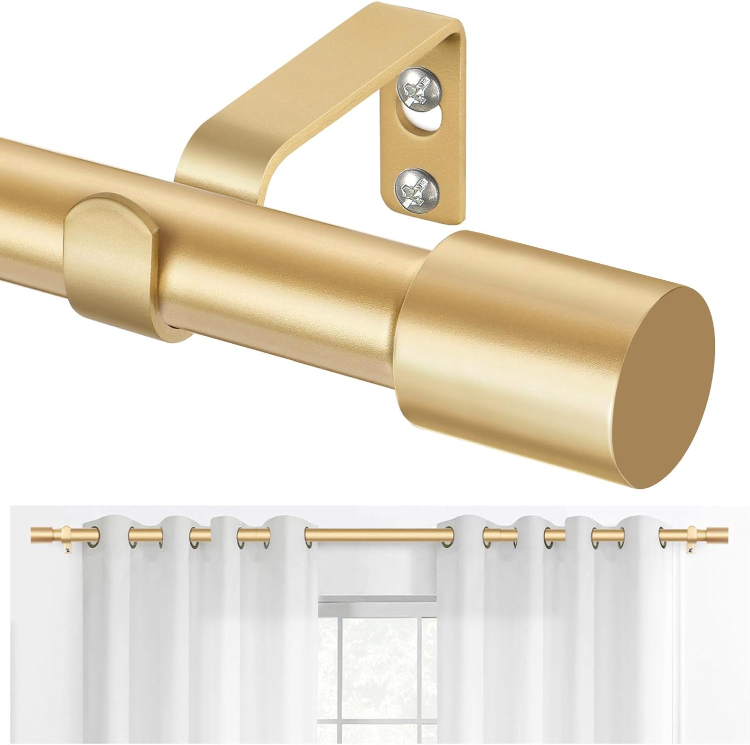 TONIAL Gold Curtain Rods 32-58 Inch Adjustable Single Rod with Modern Cap