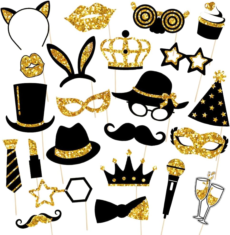 Black and Gold Party Photo Booth Props Set 24 Pieces