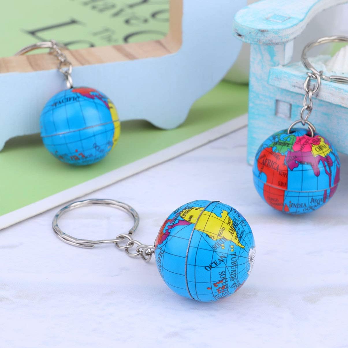 12Pcs Tinplate Globe Keychains with Mini World Planets