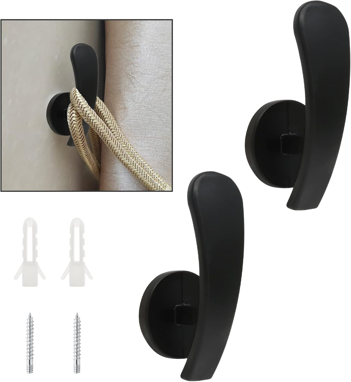 2 Pack Black Curtain Tieback Hooks with Screws