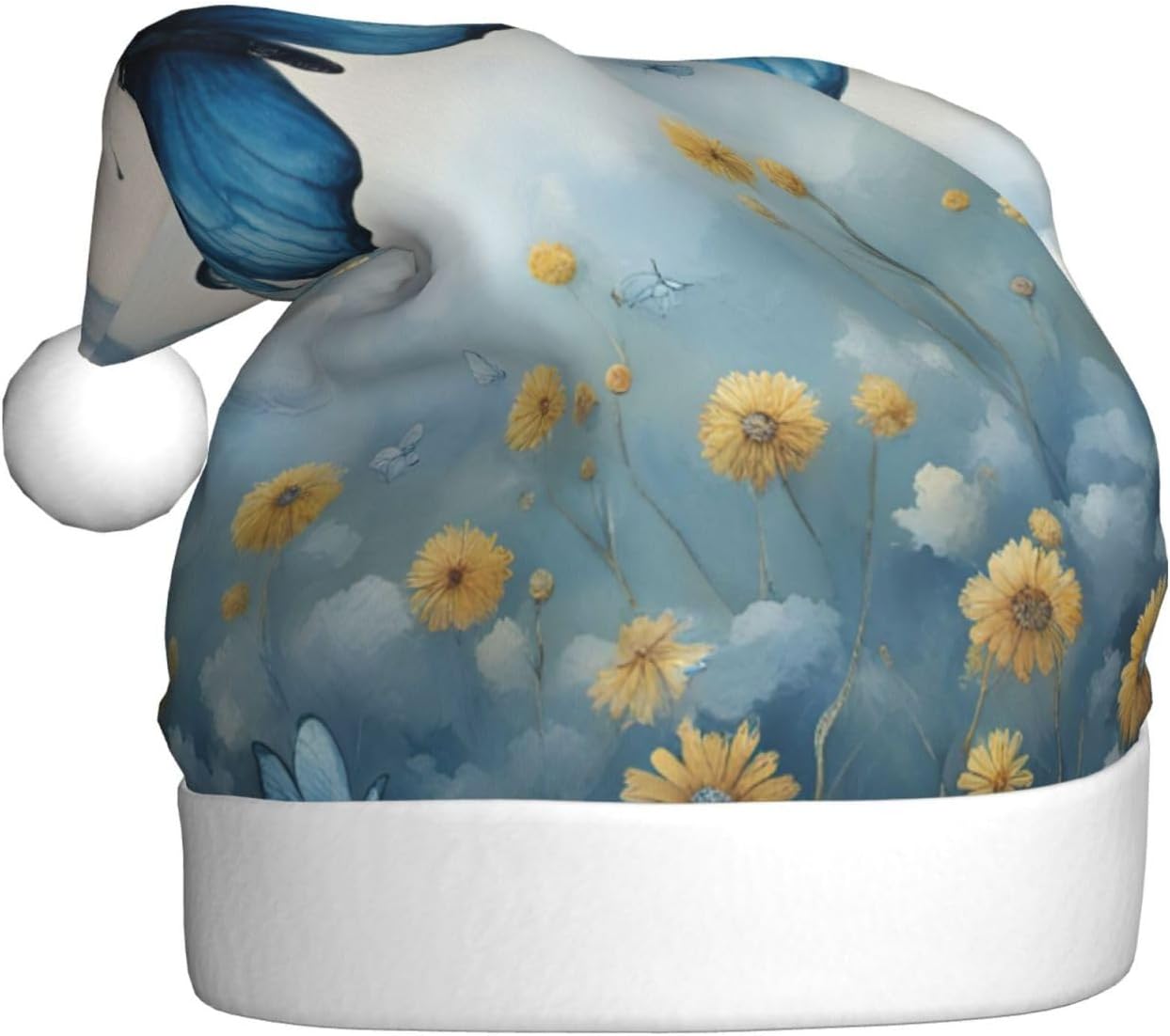 QINZHENG Blue Butterfly Clouds Print Santa Hat for Women