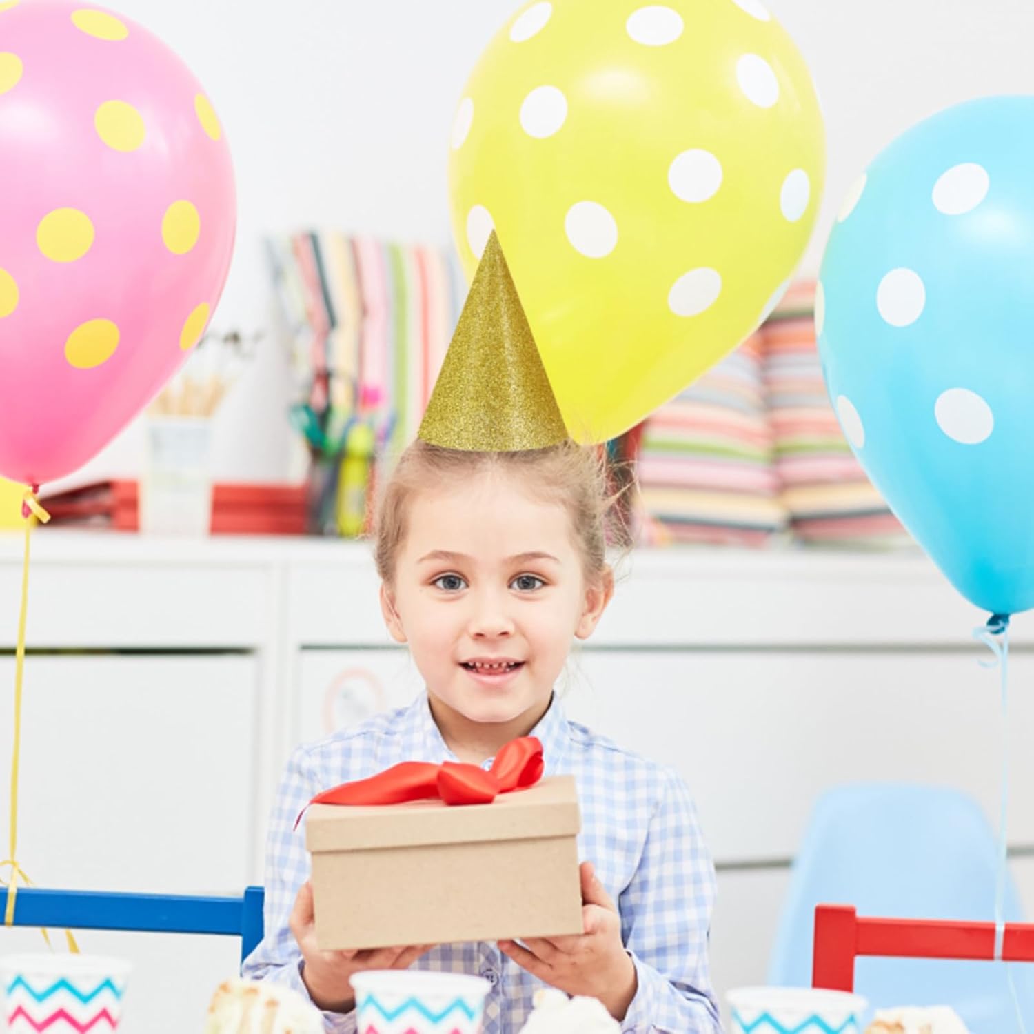 12 Pcs Cone Glitter Birthday Hats with Gold Ropes