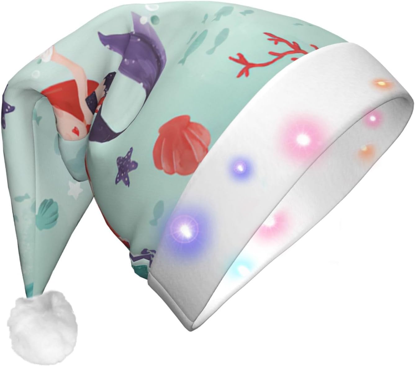 QINZHENG Mermaid Print LED Santa Hat for Christmas Party