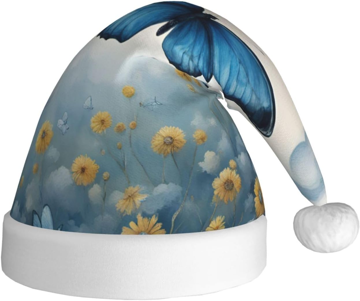 QINZHENG Blue Butterfly Clouds Print Santa Hat for Women