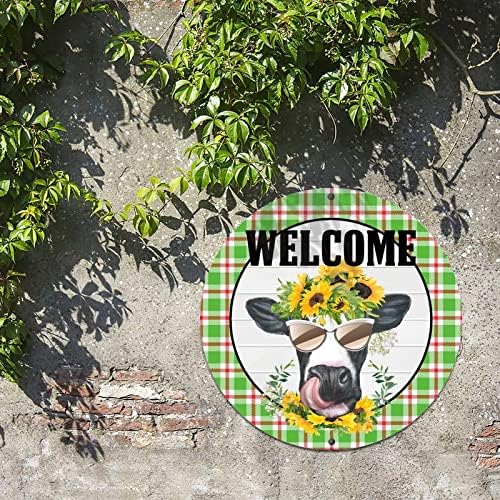 Retro Farmhouse Metal Tin Sign with Sunflowers and Cow