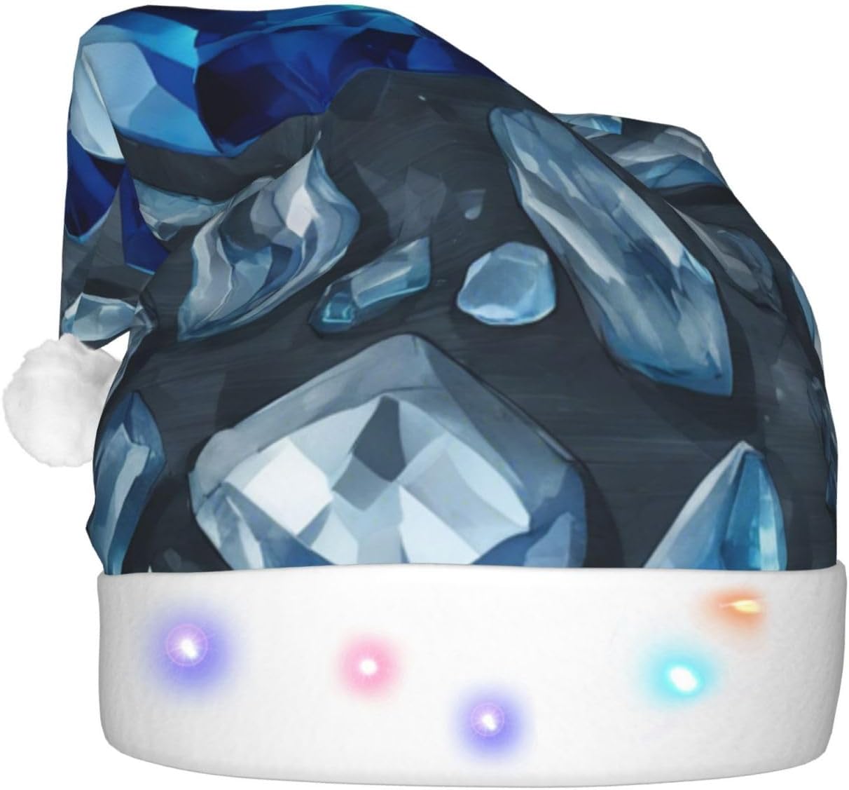 QINZHENG Blue Crystal Print Santa Hat with LED Lights for Christmas Party
