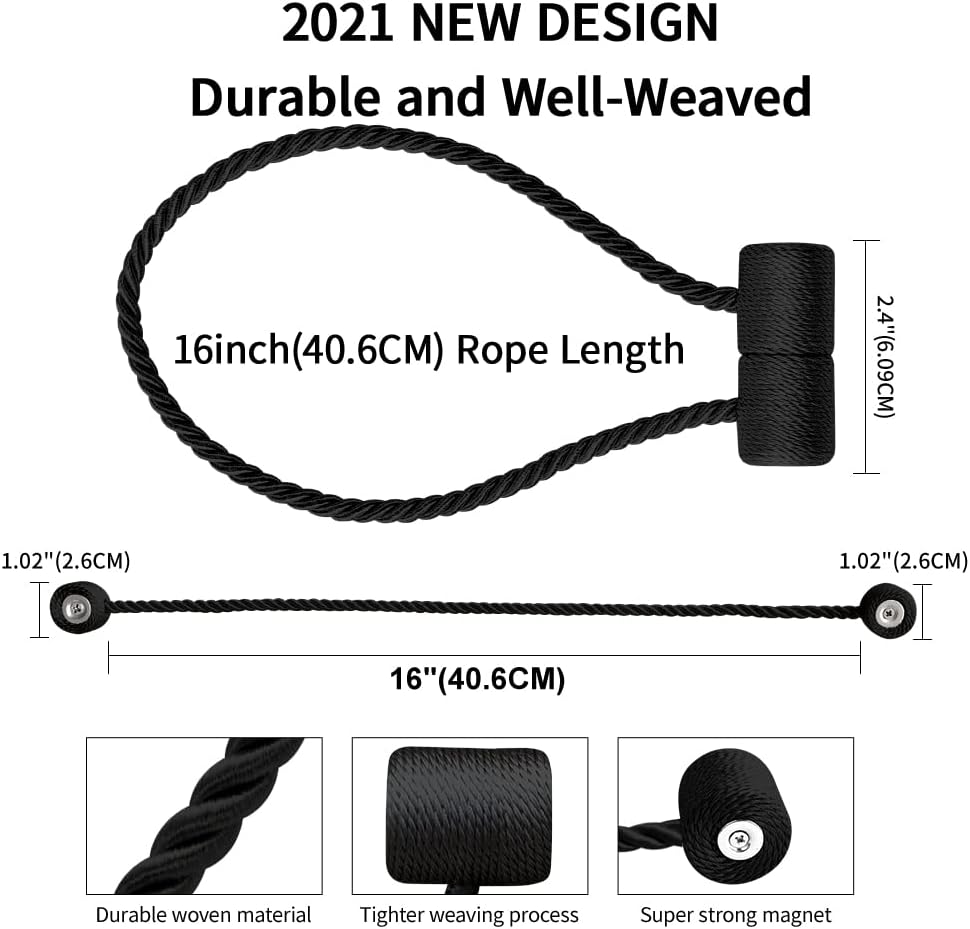 18 Inch Magnetic Curtain Tiebacks with Twisted Design 4 Pack Black