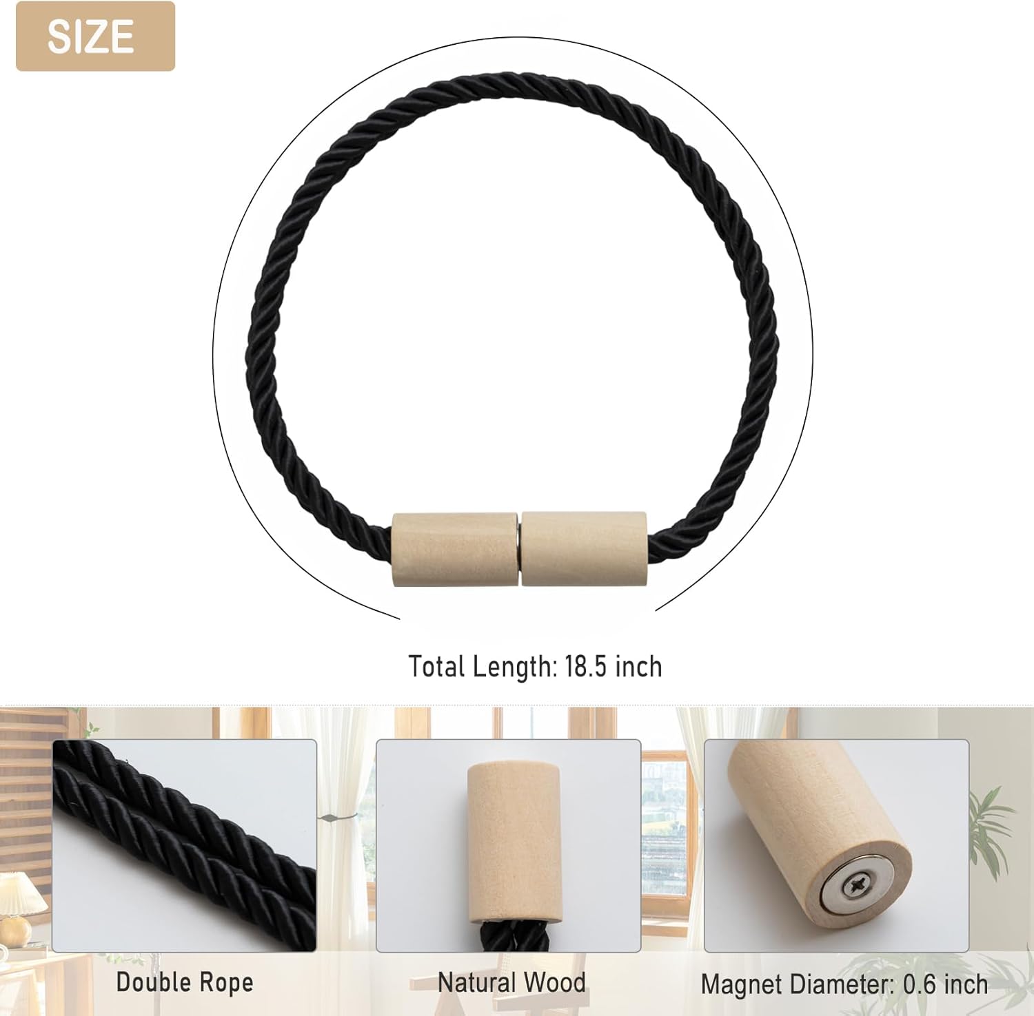 Contoeey Magnetic Boho Curtain Holders 2 Pack Black