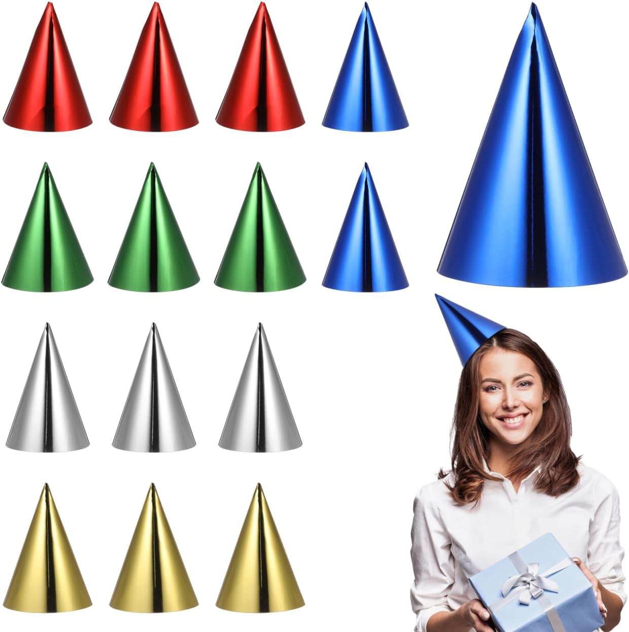 15pcs Metallic Foil Cone Hats for Adults