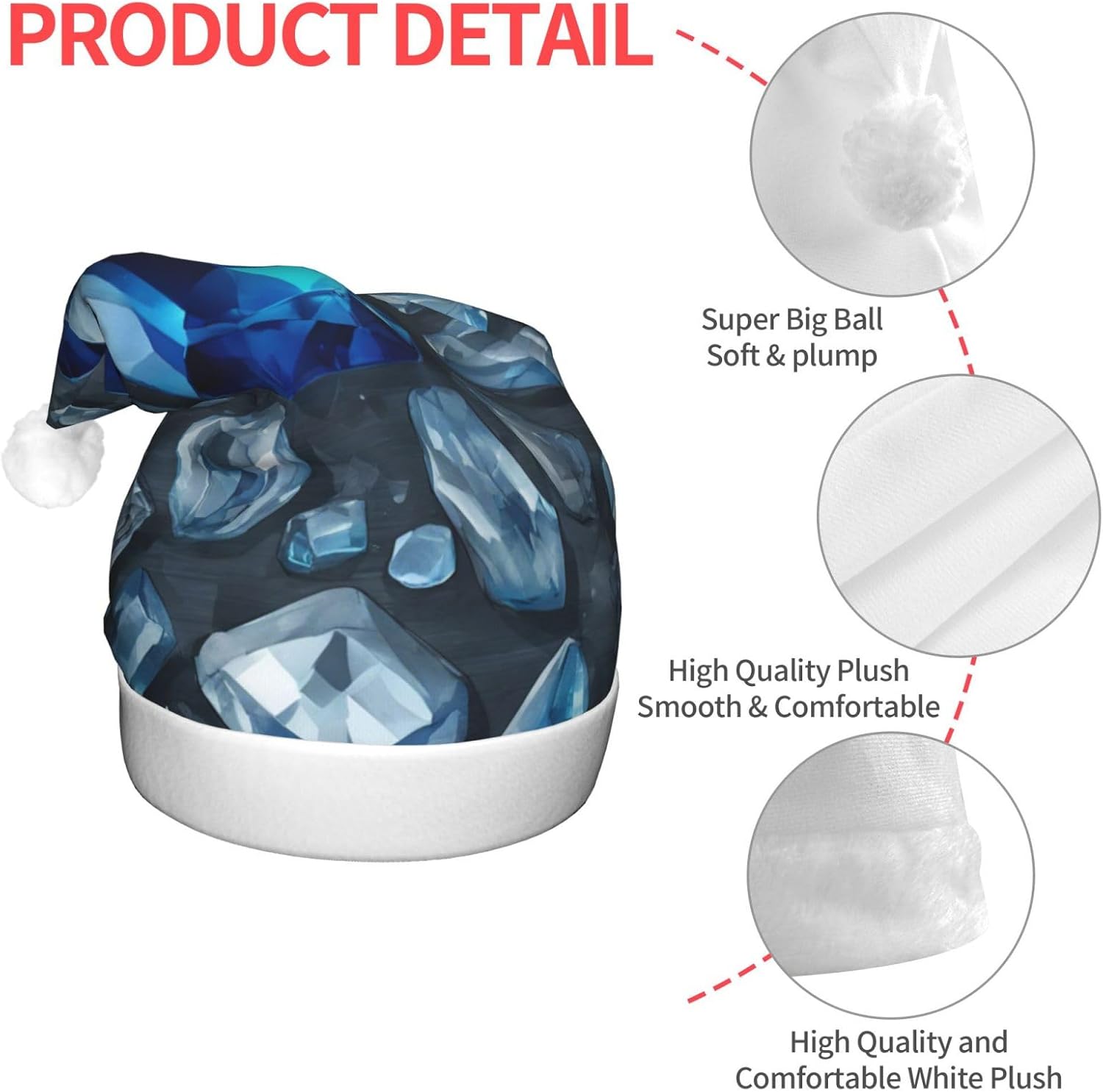 QINZHENG Blue Crystal Print Santa Hat with LED Lights for Christmas Party