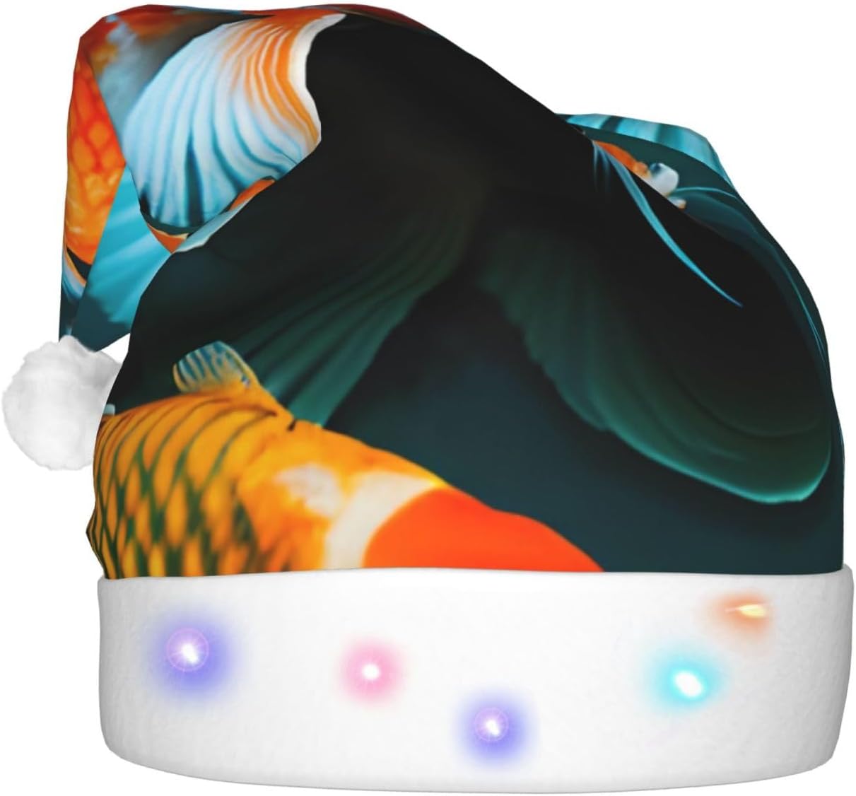 QinZheng HD Japanese Koi Fish Print Velvet Santa Hat with LED Lights