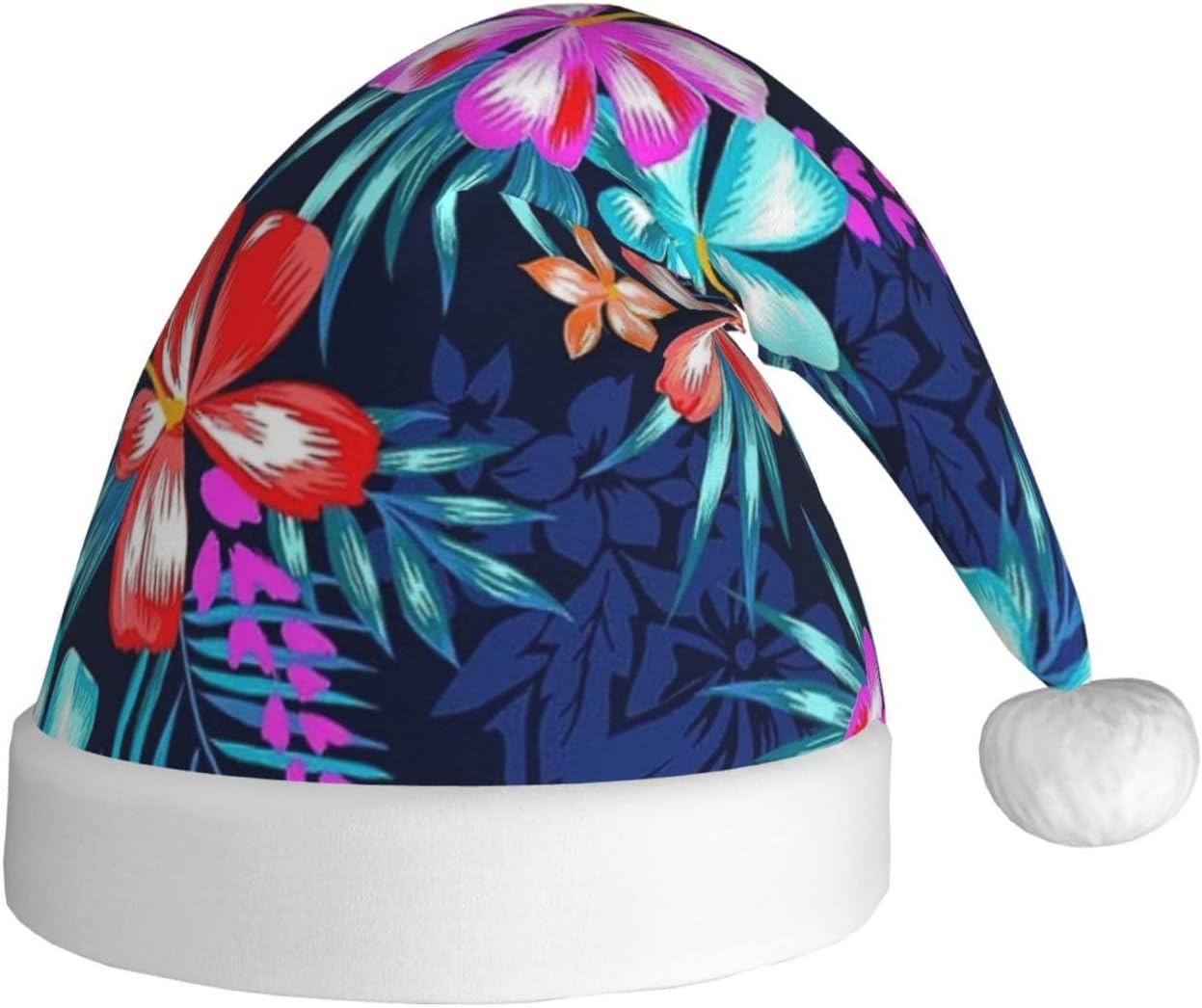 QINZHENG Personalized Floral Blue Santa Hat for Women Adult Christmas Headwear