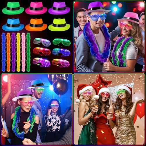 54 Piece Halloween Neon Party Kit with LED Glasses and Gangster Hats