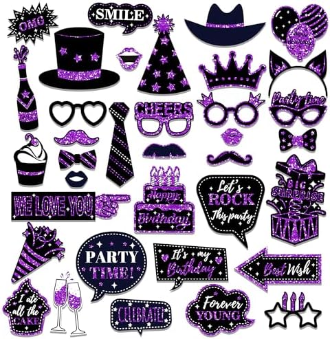 36 Piece Birthday Photo Booth Props Set Purple Black