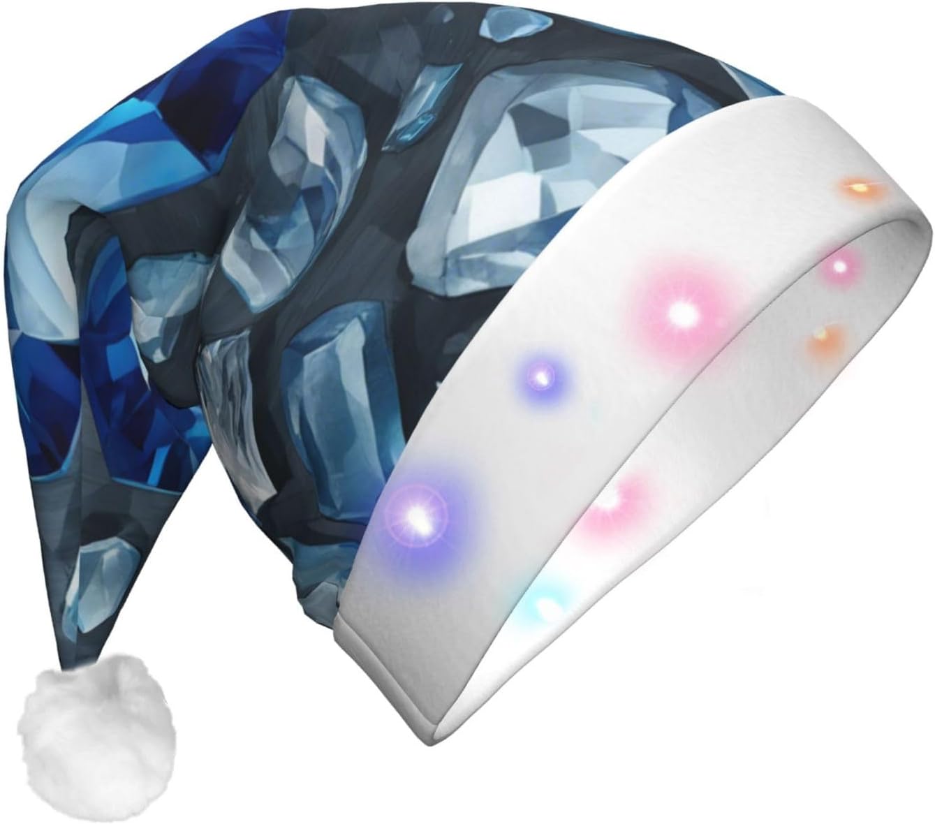 QINZHENG Blue Crystal Print Santa Hat with LED Lights for Christmas Party