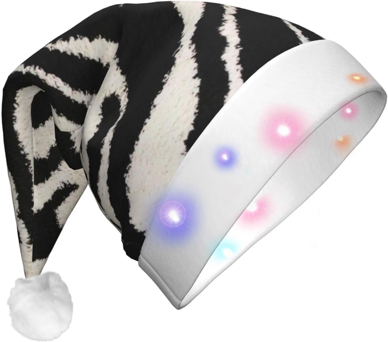 QINZHENG Zebra Print Santa Hat with LED Lights for Adults Christmas Party