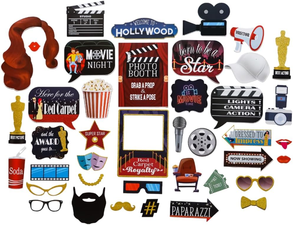 Hollywood Photo Booth Props - 41-Piece Set with Sign and Sticks