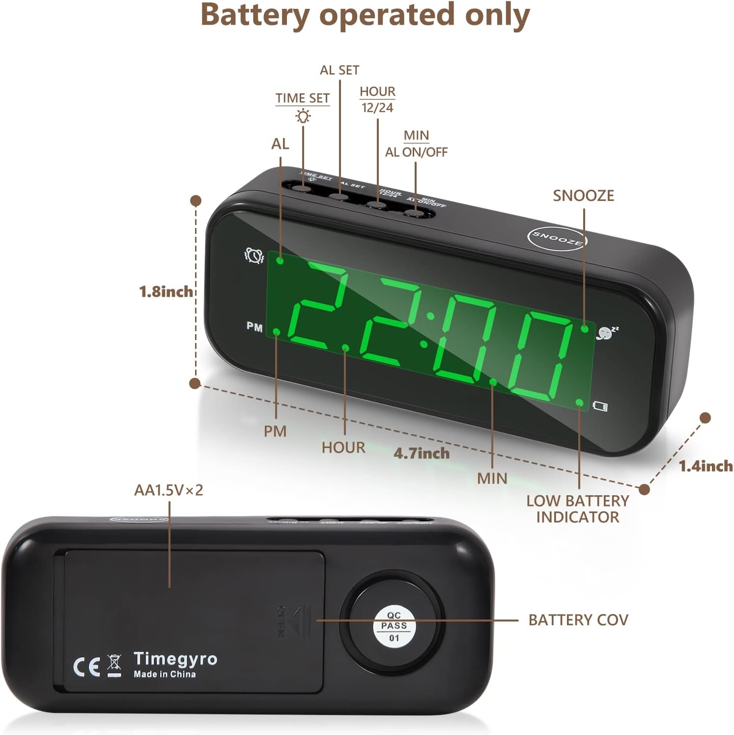 Small Digital Travel Alarm Clock with Snooze and Adjustable Brightness