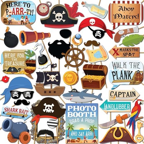 Pirate Photo Booth Props - 41pc Kit with Sign Sticks and Adhesive Pads