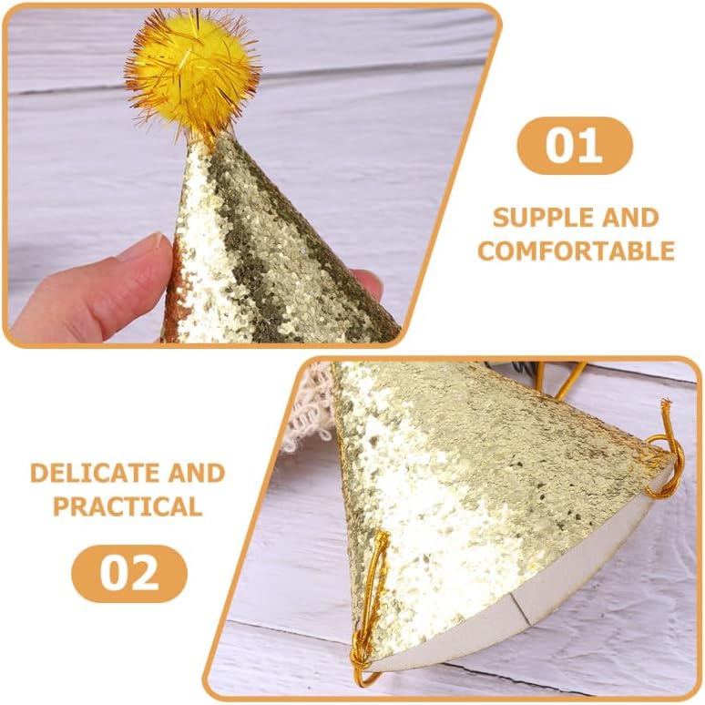 8pcs Golden Star Cone Party Hats with Glitter Ribbons