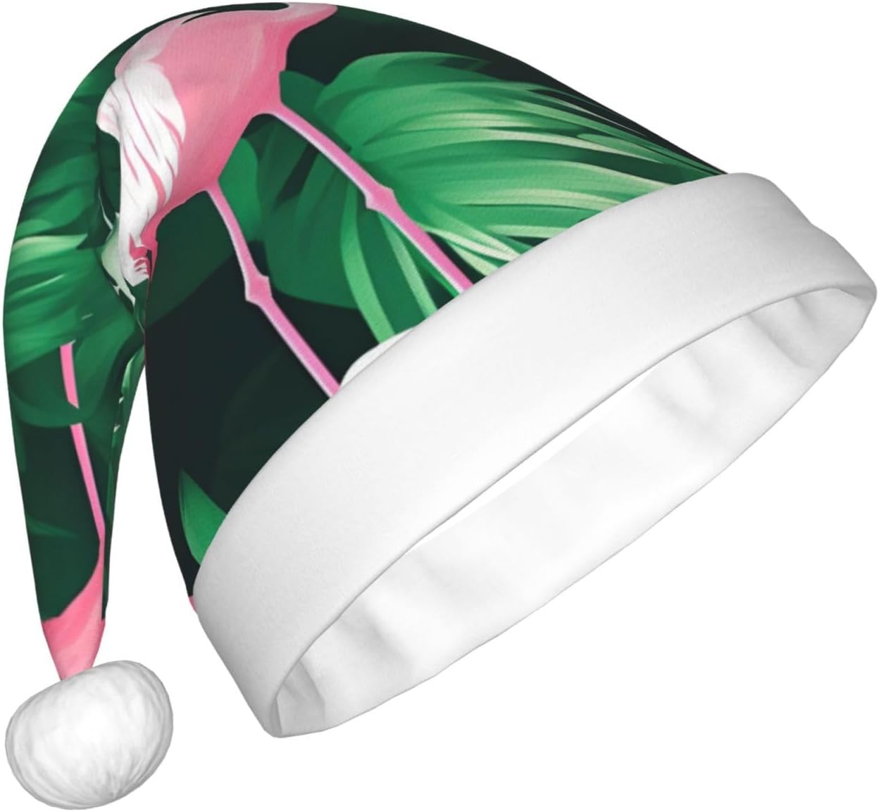 QINZHENG Flamingo Bird Green Leaf Print Santa Hat for Women