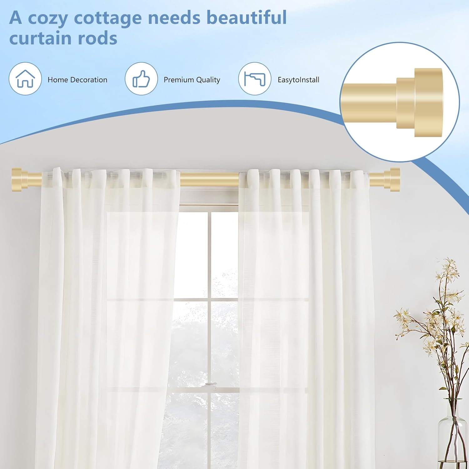 2 Pack Gold Curtain Rods 48-84 Inch 1 Inch Diameter Heavy Duty