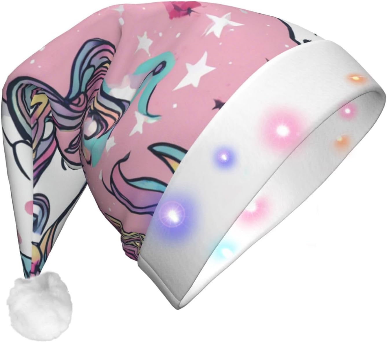 Unicorn Print Santa Hat with LED Lights for Adults