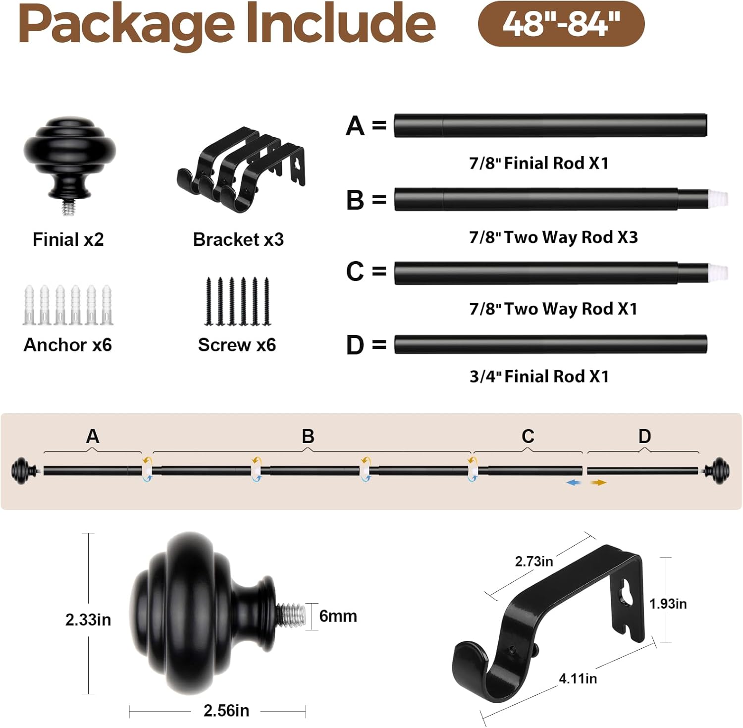 KAMANINA Black Curtain Rods 48-84 Inches Heavy Duty