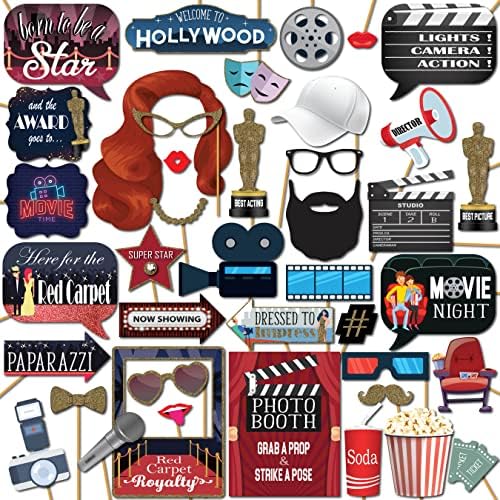 Hollywood Photo Booth Props - 41-Piece Set with Sign and Sticks