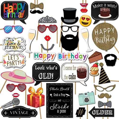 Birthday Photo Booth Props - 41pc Kit with 8x10 Sign