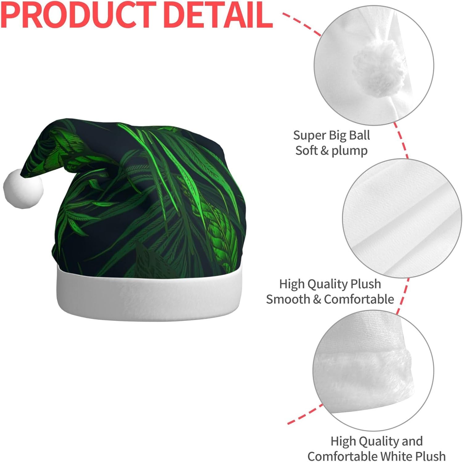 QinZheng Green Tropical Plant Print Santa Hat for Women Adult