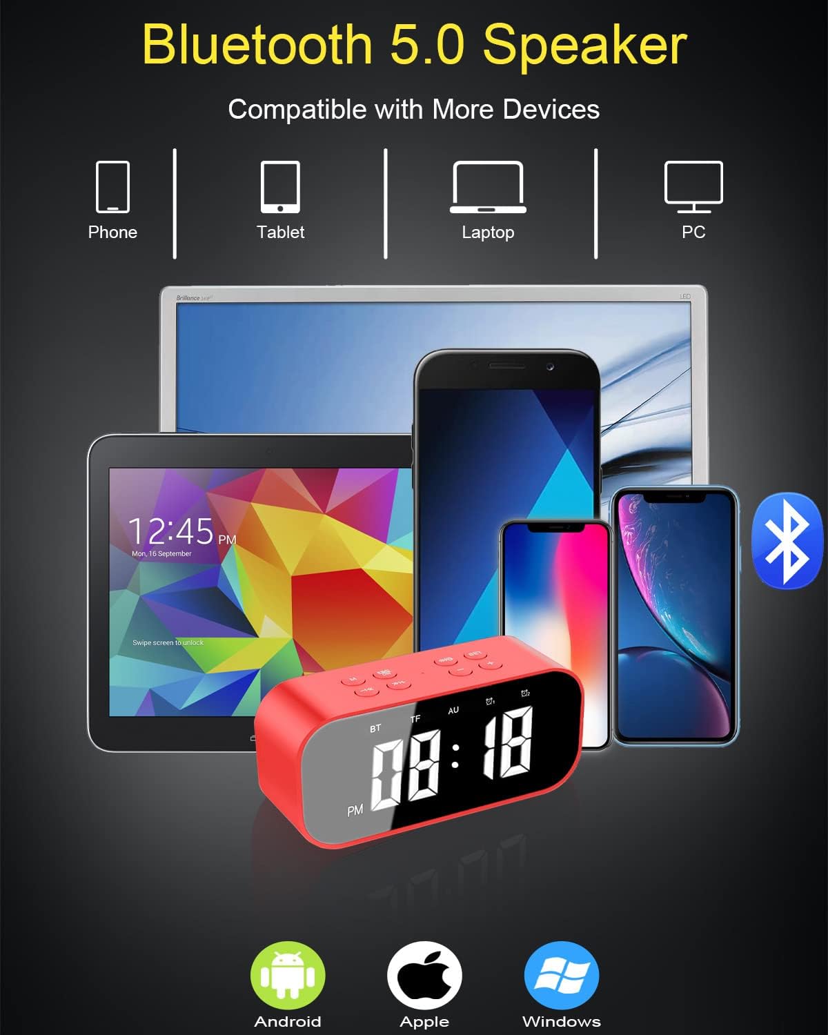 AFK Alarm Clock with Bluetooth Speaker and LED Display