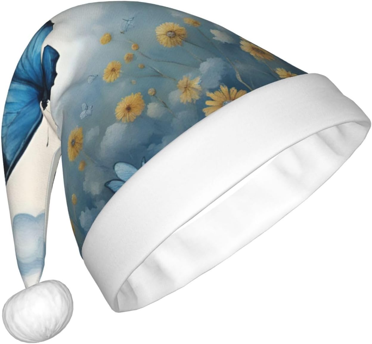 QINZHENG Blue Butterfly Clouds Print Santa Hat for Women