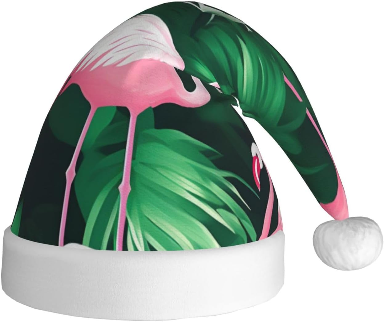QINZHENG Flamingo Bird Green Leaf Print Santa Hat for Women