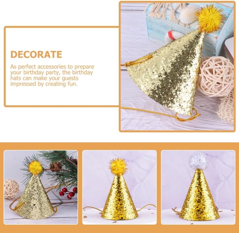8pcs Golden Star Cone Party Hats with Glitter Ribbons