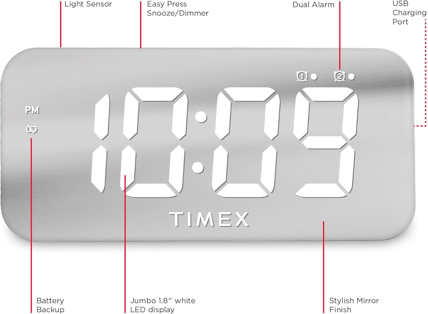 Timex Digital Alarm Clock with USB Charger and Large Display