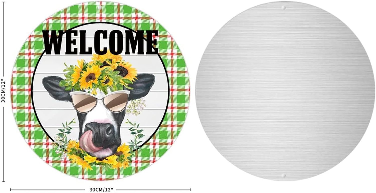 Retro Farmhouse Metal Tin Sign with Sunflowers and Cow