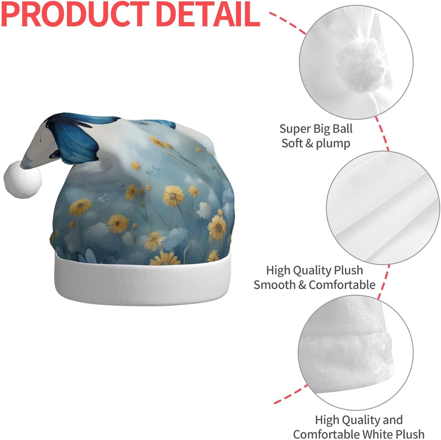 QINZHENG Blue Butterfly Clouds Print Santa Hat for Women