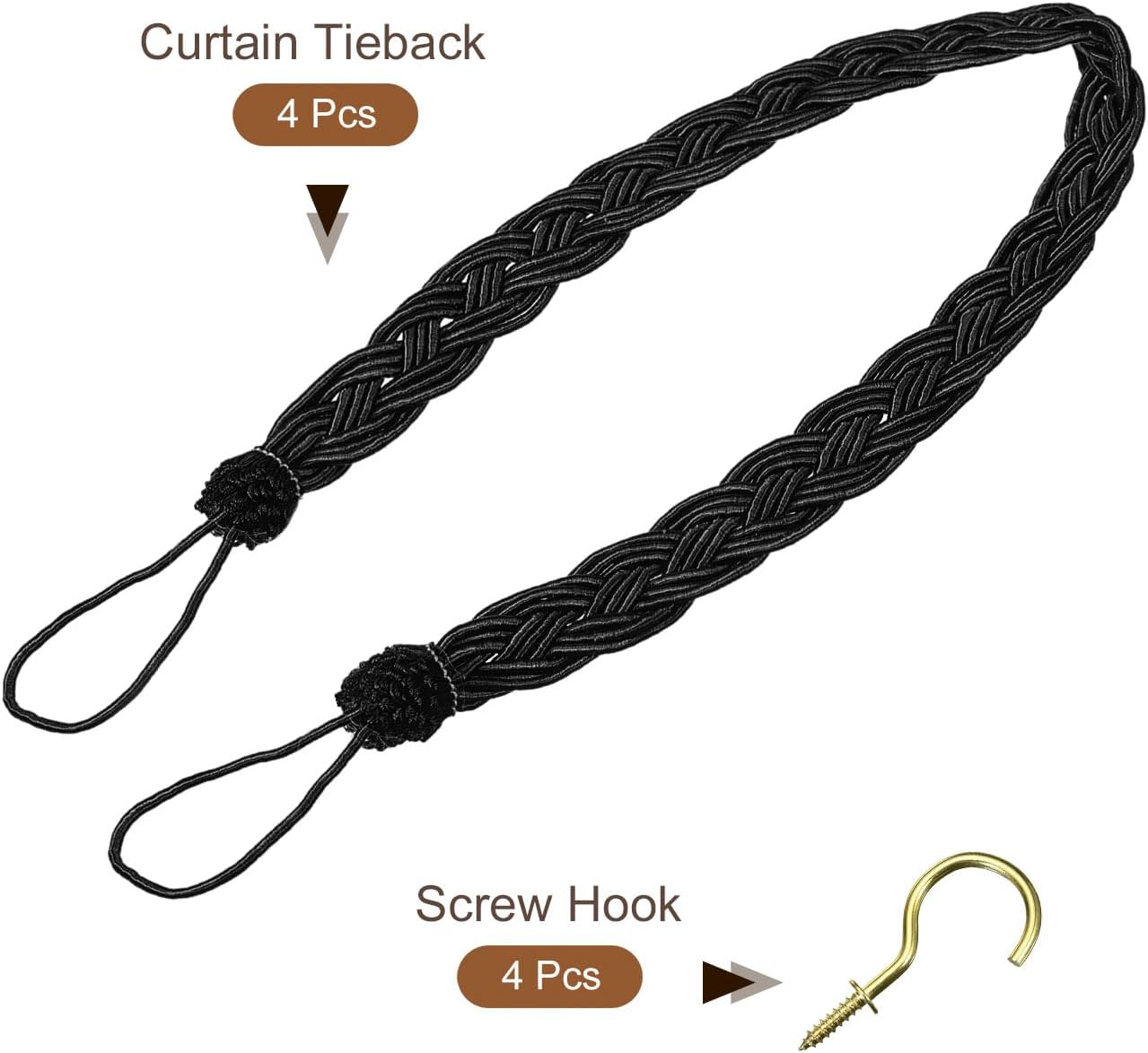 Uxcell 4Pcs Curtain Tiebacks with 4 Metal Hooks Black