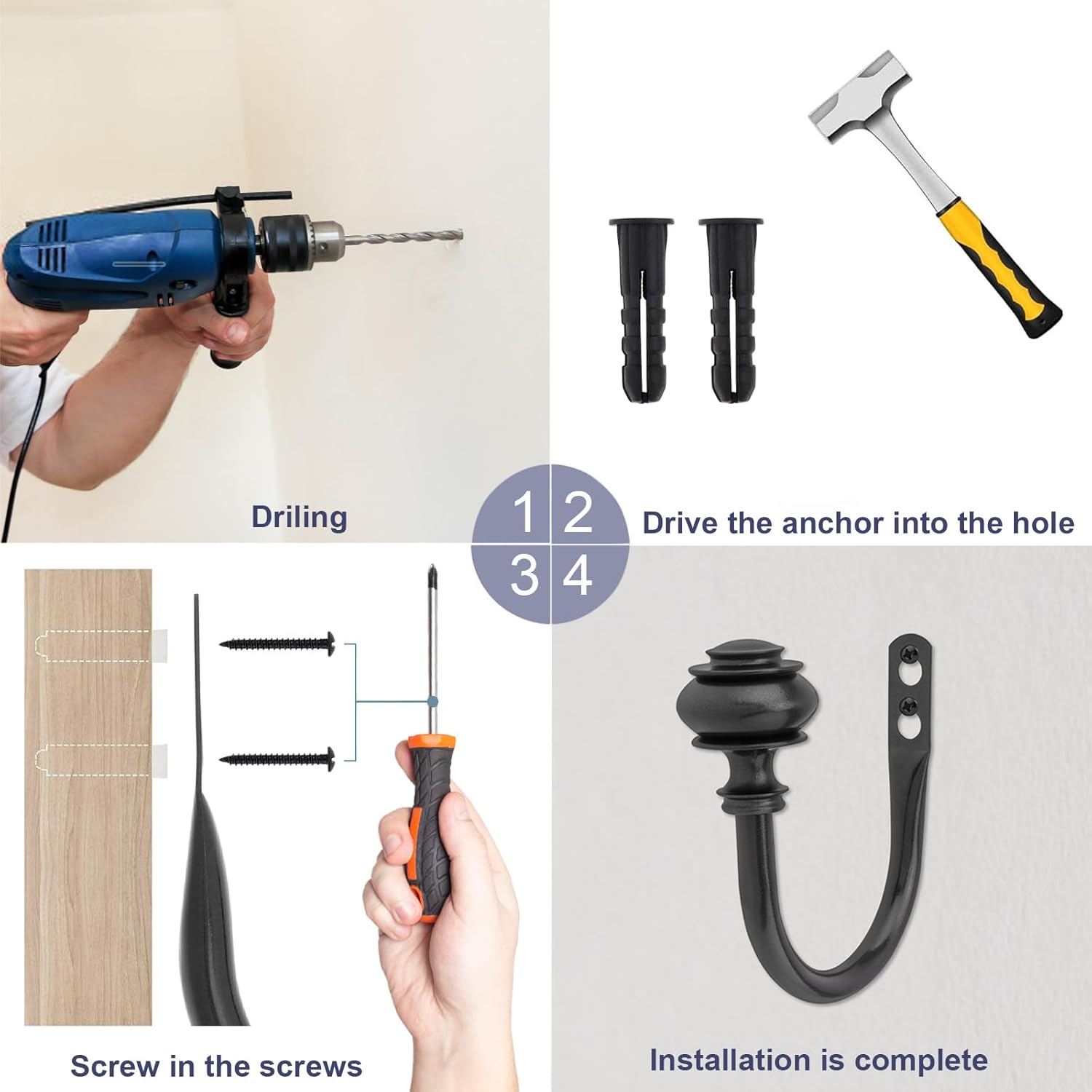 Curtain Holdbacks 4 Pack Black Wall Mounted Hooks