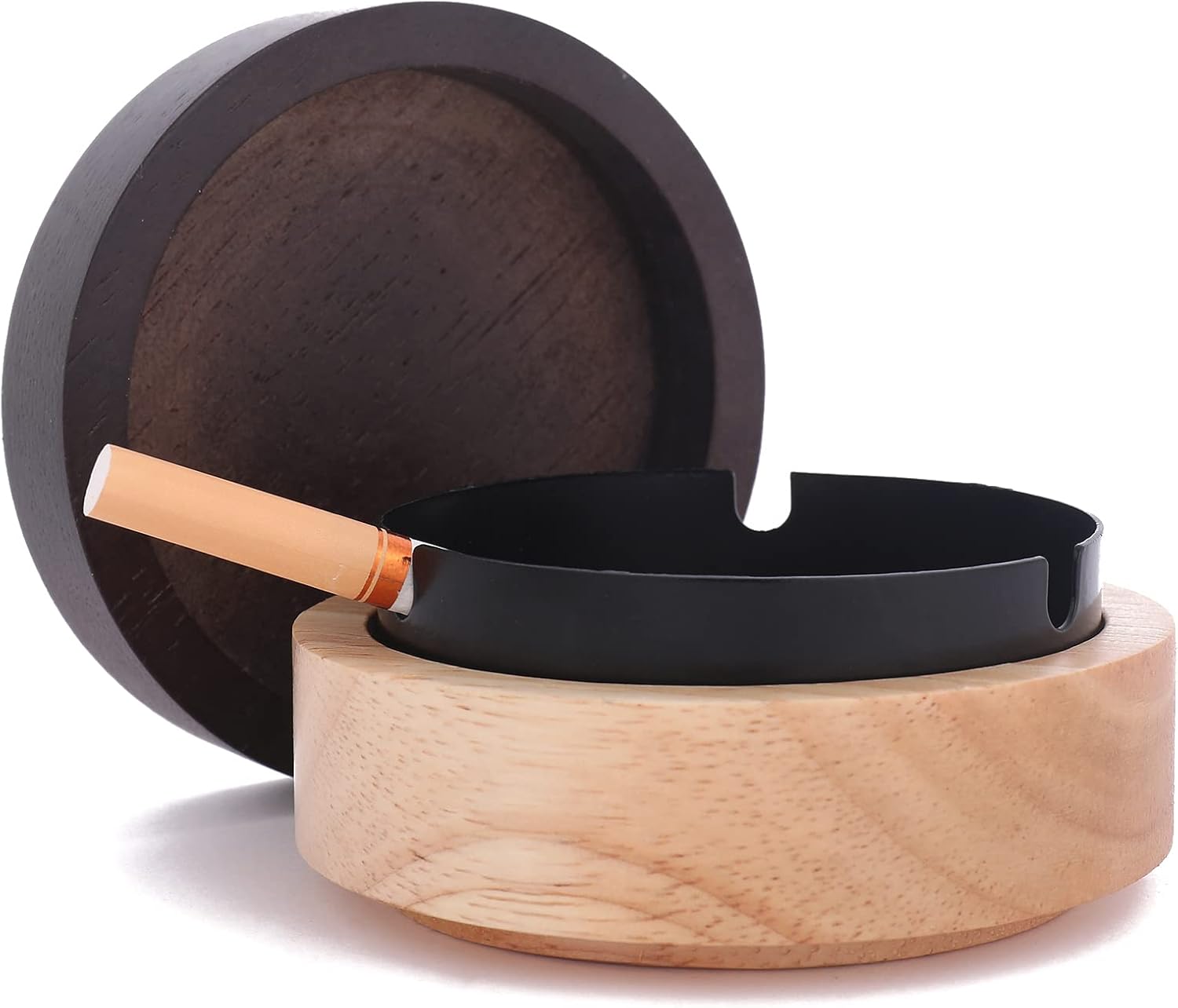 Portable Cool Ashtray with Lid Wooden Design